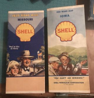 (2) Shell Gasoline Road Maps 1930,  ‘31 - Oil Petroluem Sign Can Pump