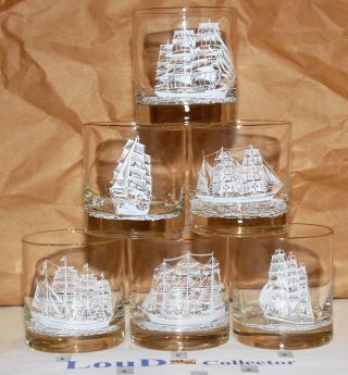 Houze Art " Rocks " Glass Set " Tall Ships Of The World " 6 Different Countries