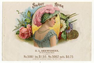 Early Sweet Rose Cigar Box Paper Litho Salesman Sample Label O.  L.  Schwencke Ny