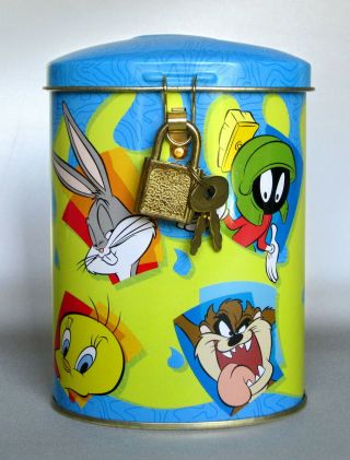 Looney Tunes Bank W/ Lock & Keys Tin Box Co 5 " Marvin The Martian Bugs Bunny Taz