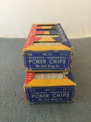 2 Boxes The Owl Drug Co Embossed Unbreakable Poker Chips Red White Blue
