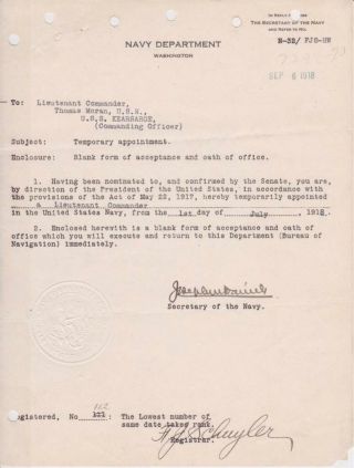 Josephus Daniels (d.  1948) Signed Autographed 1918 Navy Department Order