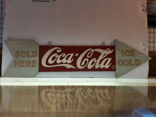 Vintage Ice Cold Arrow Coca Cola Here Wood Sign