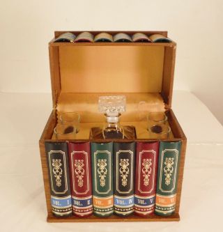 Vintage Mid Century Modern Liquor Decanter Shot Glasses Gin Scotch Library Books