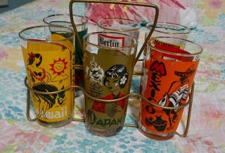 Vintage Coca Cola Around The World Drinking Glasses With Tray Set Of 6