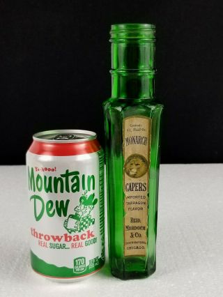 Vintage 8 - 1/2 " Tall Green Glass Capers Bottle Monarch,  Reid Murdoch & Co.  Chicago
