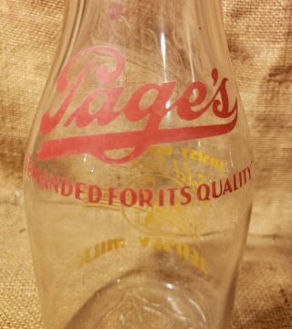 OLD VINTAGE PAGE ' S DAIRY TOLEDO OHIO GLASS QUART MILK BOTTLE RED GOLD PAINT 2