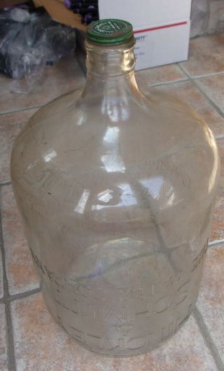 Antique Vintage Hinckley & Schmitt Water Embossed Glass 5 Gal.  Bottle Jug & Cap