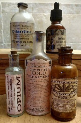 Old Medicine Bottle Hand Crafted,  Opium,  Cannabis,  Cocaine,  Dilantin,  Tancro W/cannab