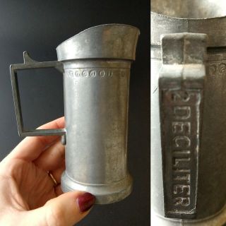 Antique Pewter Measuring Cup 2 Deciliter Victorian Era Metal Coat Of Arms Signed