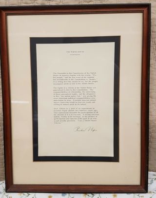 Signed Richard Nixon White House Framed Constitution Statement Usa Gov Document