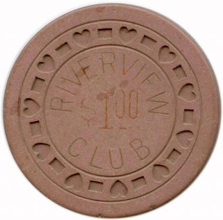 Riverview Club Orleans,  Louisiana La $1 Pink Illegal Gambling Casino Chip