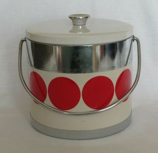 Vintage Retro Red Polka Dot Ice Bucket With Chrome Red & White - Mid Century