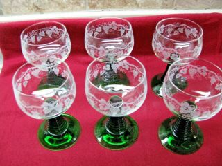 SET OF 6 FRENCH CRYSTAL WINE GLASSES - EMERALD BEEHIVE STEM - ETCHED GLASS BOWL 5