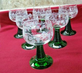 SET OF 6 FRENCH CRYSTAL WINE GLASSES - EMERALD BEEHIVE STEM - ETCHED GLASS BOWL 6