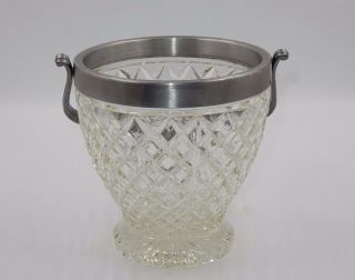 Vintage Diamond Cut Glass Footed 7 " Ice Bucket With Metal Rim & Handle