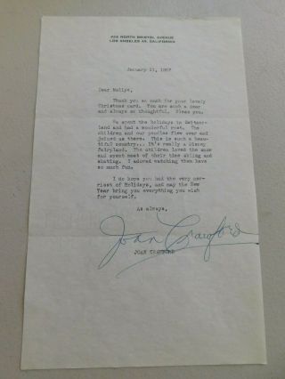 Joan Crawford - Typed Letter Signed In Pen Switzerland Xmas Vaca Kids 1 - 11 - 1957