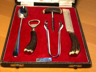 Vintage Boxed Butler Of Sheffield Stag Horn 5 Piece Luxury Bar Set -