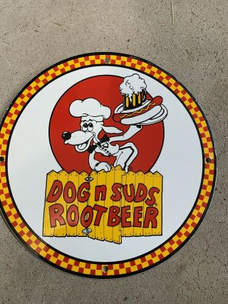 Dogs N Suds Root Beer Soda Pop Oil Porcelain Sign