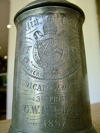 1887 Flat Race Manners Makyth Man Tankard Winchester College Pewter Glass Nr