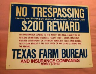 Texas Farm Bureau No Trespassing Hunting And Fishing Vintage Plastic Sign Ranch