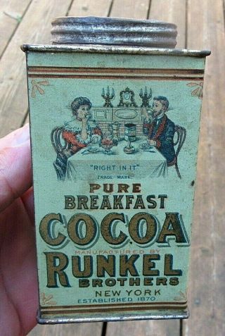 Antique Ca 1910 1/2 Pound Runkel Brothers Breakfast Cocoa Tin