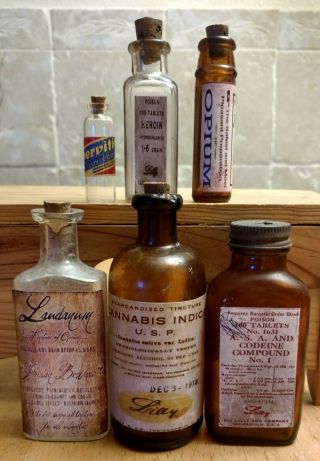 Old Medicine Bottle Hand Crafted,  Opium,  Heroin,  Cannabis,  Laudanum,  Pervitin,  Codeine