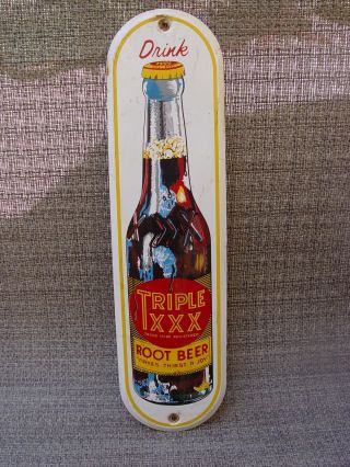 Triple Xxx Root Beer 13.  5 " Tin Advertising Door Push Sign With Soda Bottle