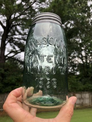 Rare Light Green Mason ' s Patent Nov.  30th 1858 Tigner,  Xenia Indiana Mason Jar 3