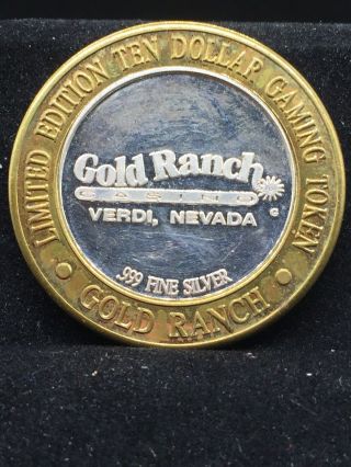 $10.  999 Fine Silver Casino Gaming Token Gold Ranch