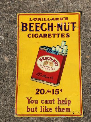 Ca.  1920 Beech - Nut Cigarettes Tobacco Metal Litho Advertising Sign