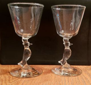 2 Old Crow Whiskey Figural Crow With Top Hat Shaped Stemware Cordial Glasses