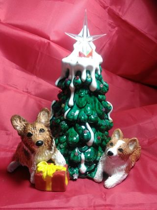 Two Pembroke Welsh Corgi Dogs By Christmas Tree Sculpture Lighted Ooak