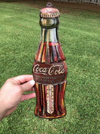 Rare Antique Tin Advertising Coca Cola Coke Bottle Christmas 1923 Thermometer 2