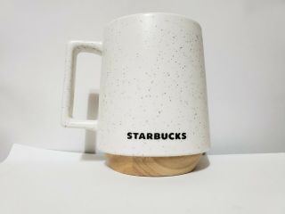 Starbucks White Speckled Handle Mug With Wooden Base Bottom 16 Ounces Nwt