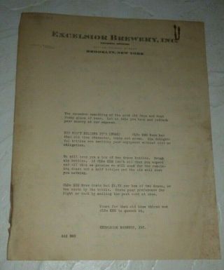 1930 Excelsior Brewery Inc.  Letterhead Stationary Price List Rare Prohibition Ny