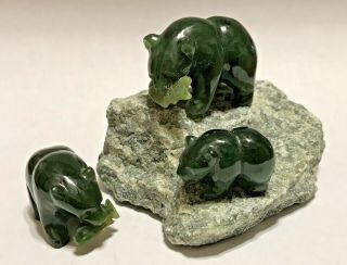 3 Alaskan Carving Green Jade Bears Family