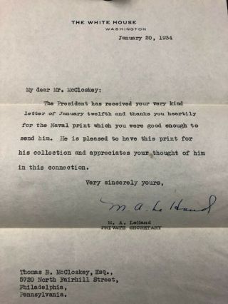 Marguerite Lehand Signed Letter White House Stationary Fdr Roosevelt Secretary