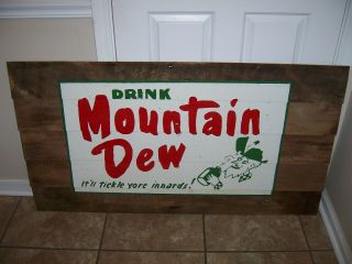 Huge 47.  5 Inch Vintage Mountain Dew Soda Pop Painted Wooden Sign Hillbilly