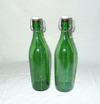 2 Vintage Green Glass Wine Bottle With Porcelain Stopper
