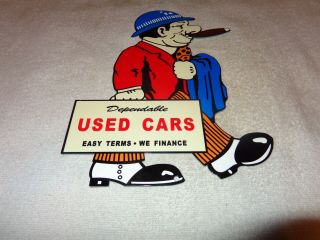 Vintage Dependable Cars Salesman W/ Cigar 11 3/4 " Metal Gasoline Oil Sign