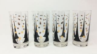 Set Of 4 Vintage Fred Press Mid Century Black Gold Tumblers Glasses