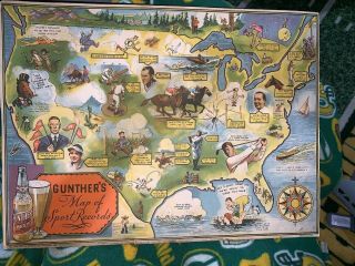 Gunther’s Beer 1935 Map Of Sports Records Babe Ruth,  Ty Cobb,  Philly Athletics