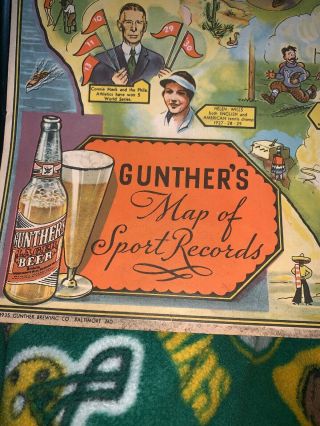 Gunther’s Beer 1935 Map Of Sports Records Babe Ruth,  Ty Cobb,  Philly Athletics 7