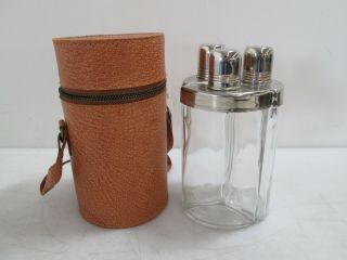 Vintage Glass Flask Set W/ Pig Skin Carry Case