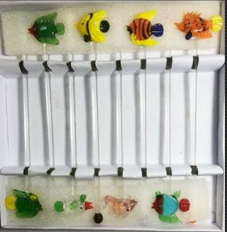 Set Of 12 Vintage Glass Swizzle Sticks Cocktail Stirrers Blown Glass Fish