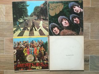 Beatles: 4 Lp Lot; Abbey Road,  Sgt.  Peppers,  White Album,  Rubber Soul Inserts