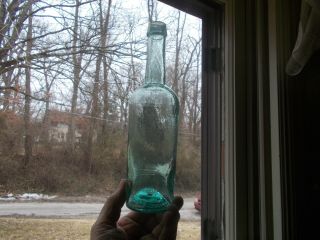 Jagged Open Pontil 3 Pc Mold Rich Aqua Whiskey Bottle 1850s Smaller Sz Near