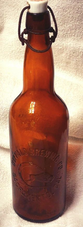 Blob Top Qt Old Buffalo Brewing Co.  Beer Bottle W/ Stopper Sacramento Ca