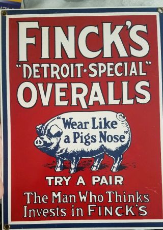 Vintage Antique Metal Porcelain Advertisement Sign Finck’s Overalls Detroit